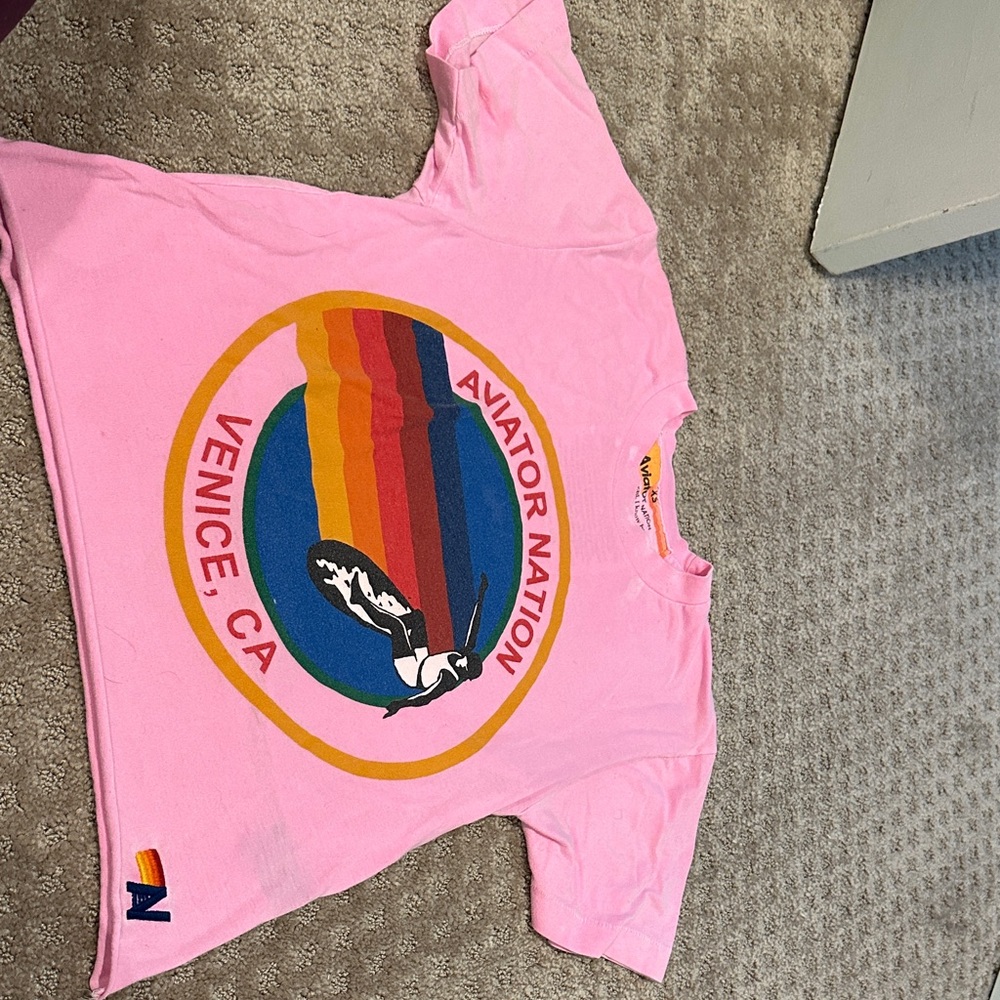 Aviator Nation Pink Tee with Rainbow Graphic